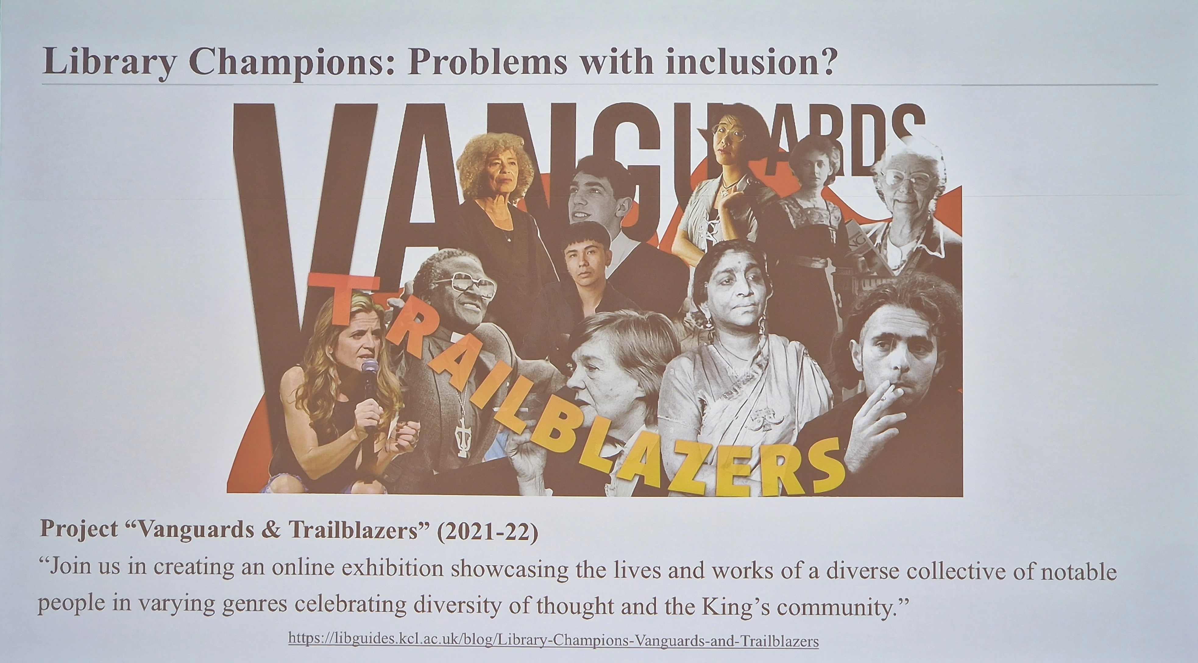 A presentation slide on the problems with inclusion on a Library Champion project on trailblazing people